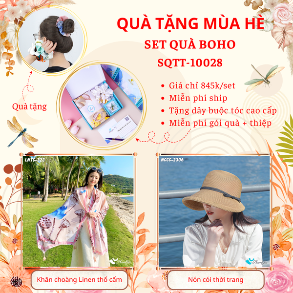 Quà Tặng Mùa Hè - Set Quà Tặng Khăn Choàng Linen Thổ Cẩm Và Nón Cói Phong Cách Boho (SQTT10028)