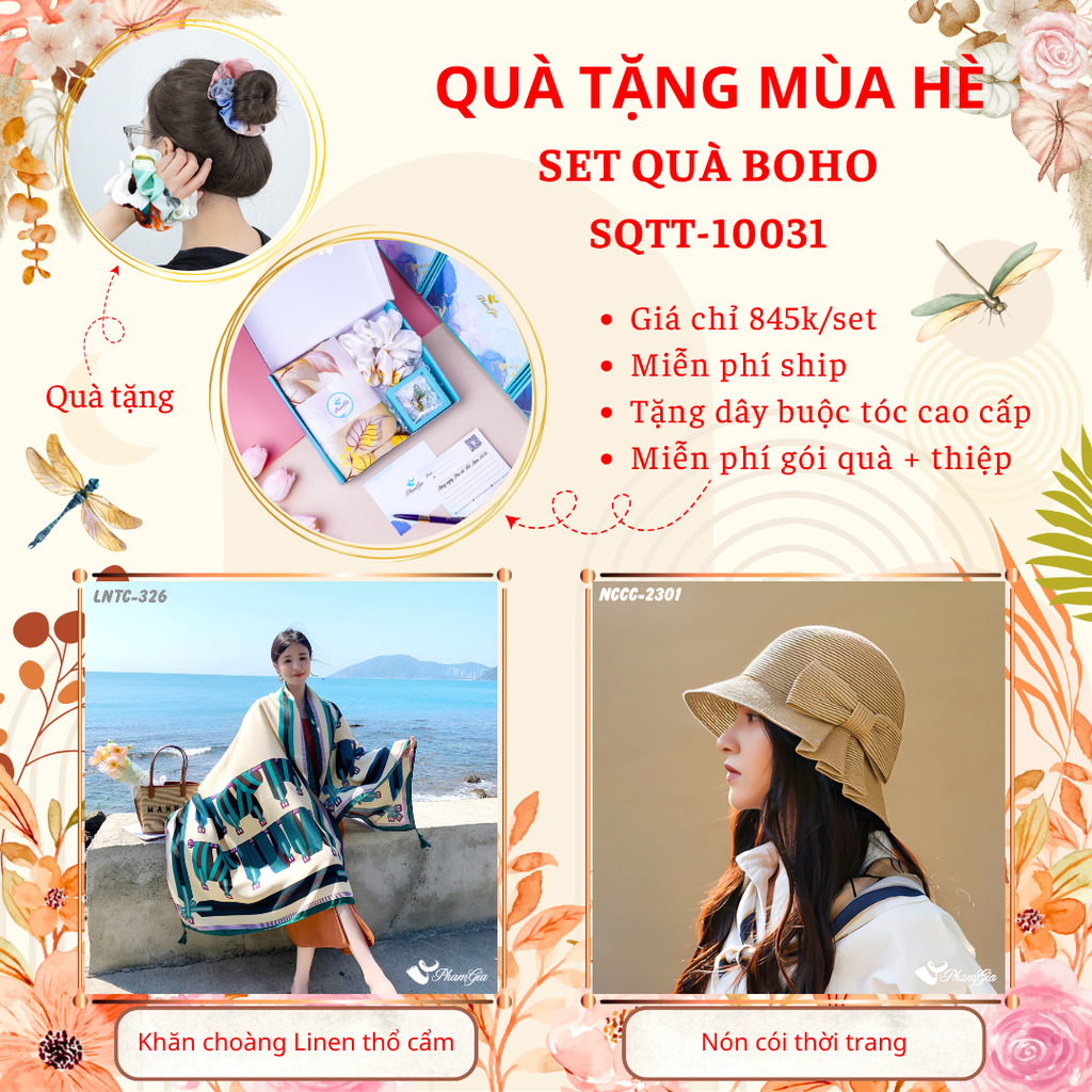 Quà Tặng Mùa Hè - Set Quà Tặng Khăn Choàng Linen Thổ Cẩm Và Nón Cói Phong Cách Boho (SQTT10031)
