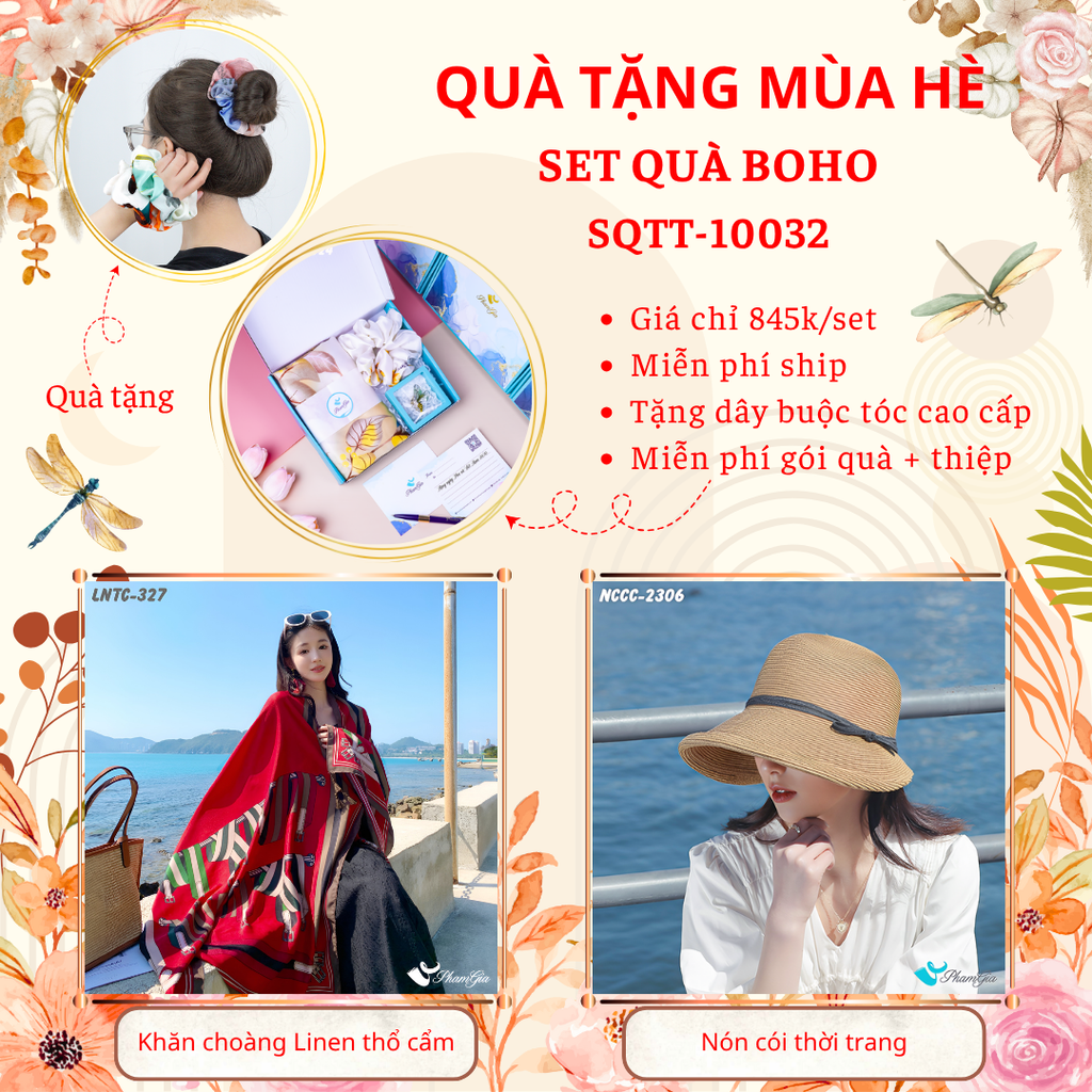 Quà Tặng Mùa Hè - Set Quà Tặng Khăn Choàng Linen Thổ Cẩm Và Nón Cói Phong Cách Boho (SQTT10032)