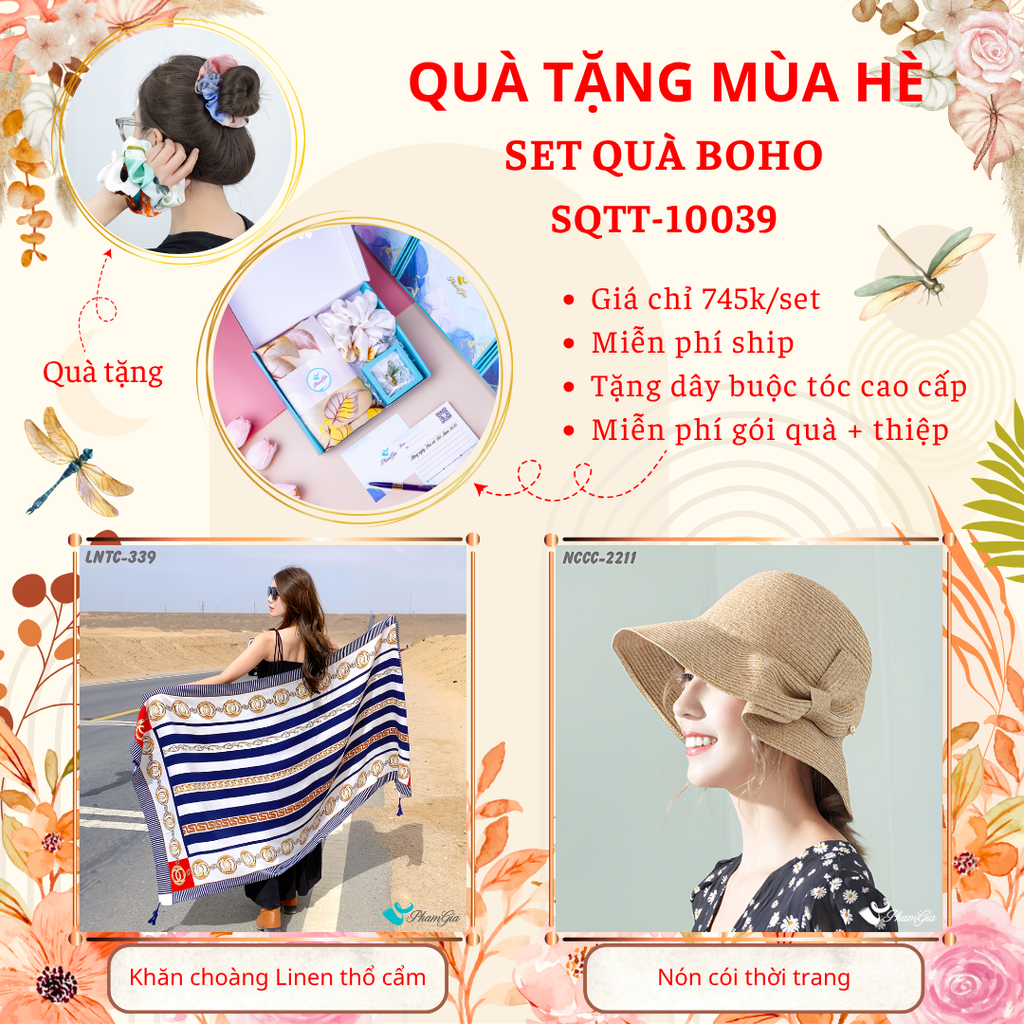 Quà Tặng Mùa Hè - Set Quà Tặng Khăn Choàng Linen Thổ Cẩm Và Nón Cói Phong Cách Boho (SQTT10039)