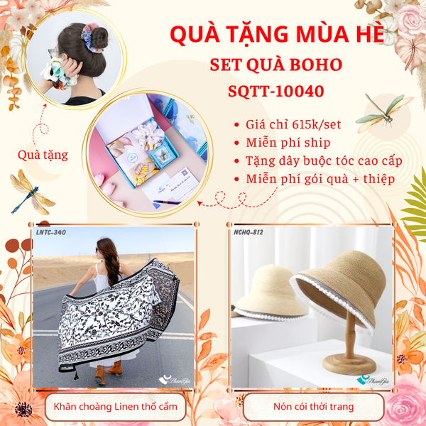 Quà Tặng Mùa Hè - Set Quà Tặng Khăn Choàng Linen Thổ Cẩm Và Nón Cói Phong Cách Boho (SQTT10040)