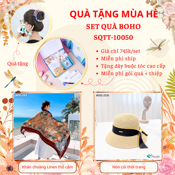 Quà Tặng Mùa Hè - Set Quà Tặng Khăn Choàng Linen Thổ Cẩm Và Nón Cói Phong Cách Boho (SQTT10050)