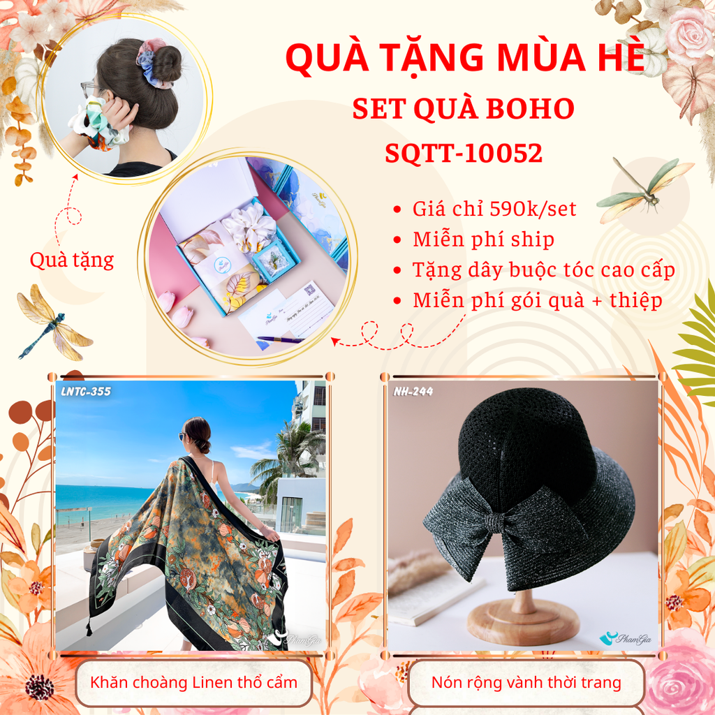 Quà Tặng Mùa Hè - Set Quà Tặng Khăn Choàng Linen Thổ Cẩm Và Nón Rộng Vành Phong Cách Boho (SQTT10052)