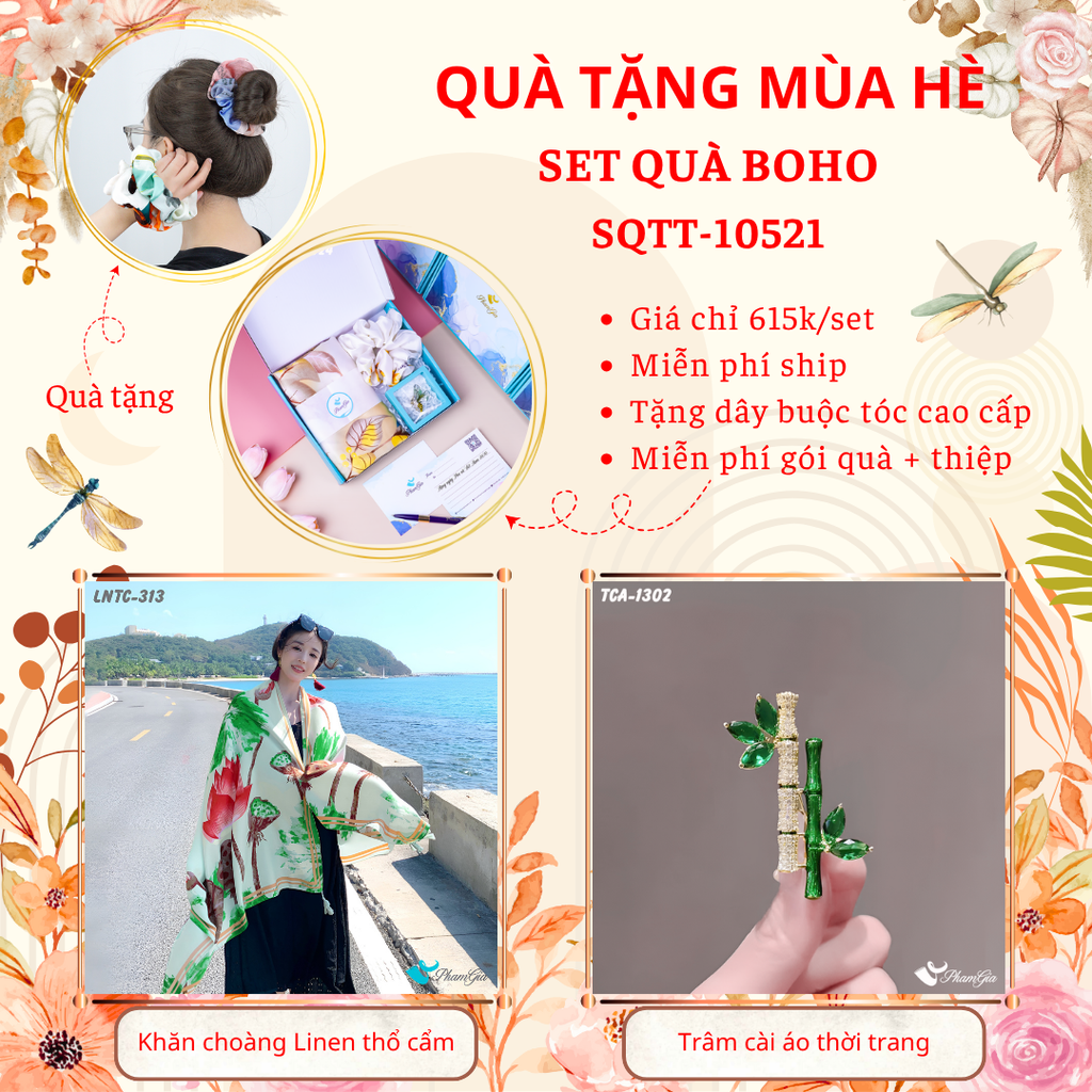 Quà Tặng Mùa Hè - Set Quà Tặng Khăn Choàng Linen Thổ Cẩm Và Ghim Cài Áo Phong Cách Boho (SQTT10521)