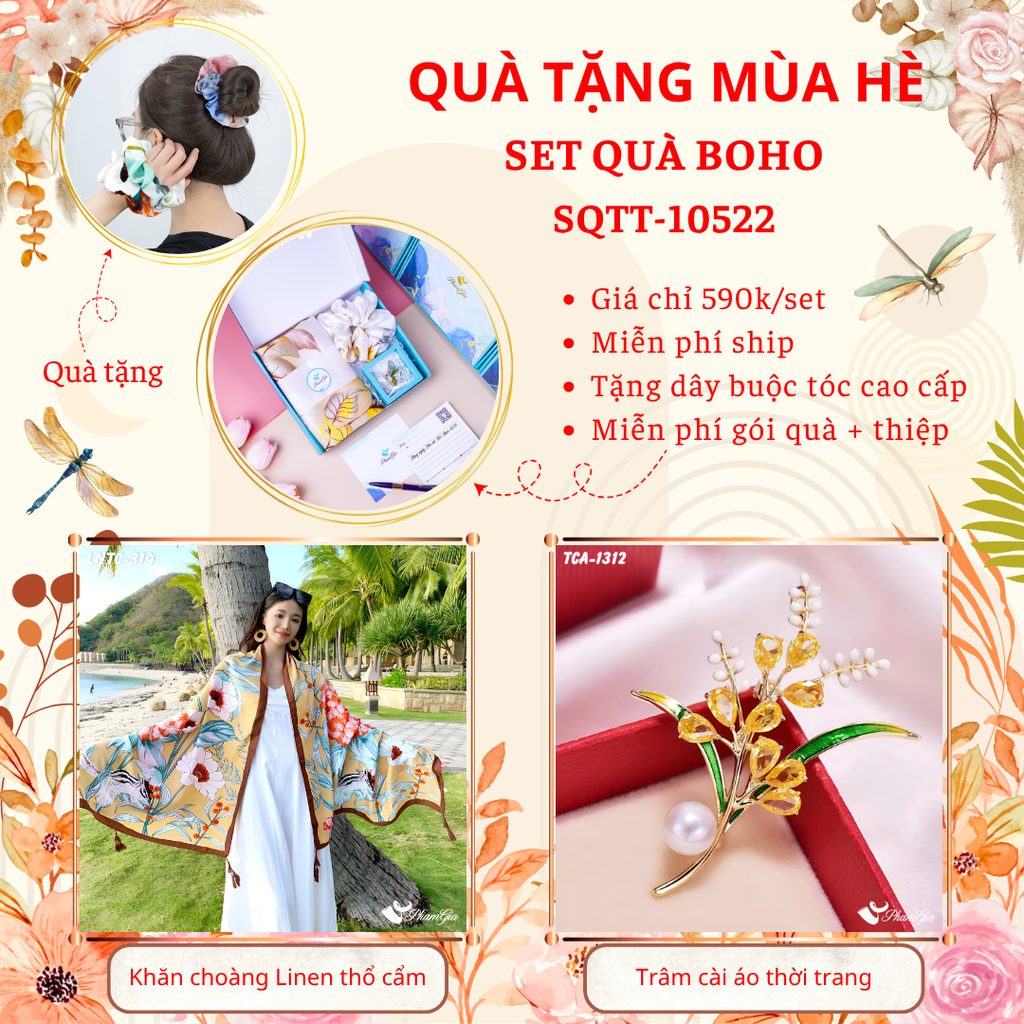 Quà Tặng Mùa Hè - Set Quà Tặng Khăn Choàng Linen Thổ Cẩm Và Ghim Cài Áo Phong Cách Boho (SQTT10522)