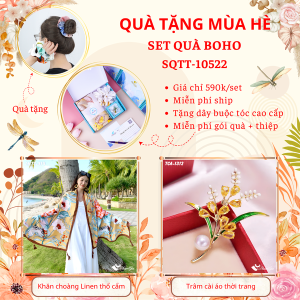 Quà Tặng Mùa Hè - Set Quà Tặng Khăn Choàng Linen Thổ Cẩm Và Ghim Cài Áo Phong Cách Boho (SQTT10522)