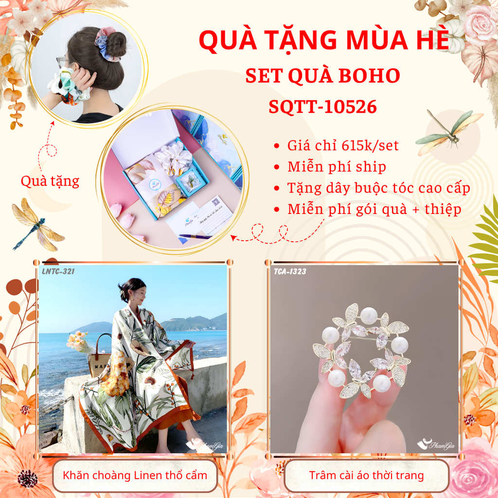 Quà Tặng Mùa Hè - Set Quà Tặng Khăn Choàng Linen Thổ Cẩm Và Ghim Cài Áo Phong Cách Boho (SQTT10526)