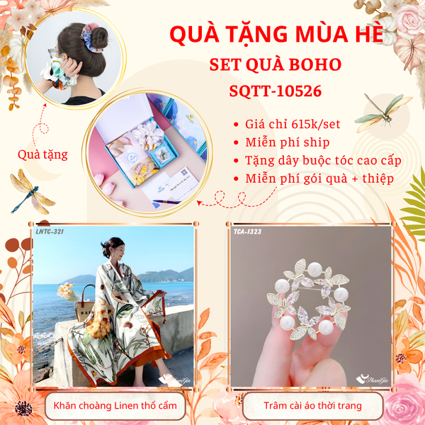 Quà Tặng Mùa Hè - Set Quà Tặng Khăn Choàng Linen Thổ Cẩm Và Ghim Cài Áo Phong Cách Boho (SQTT10526)