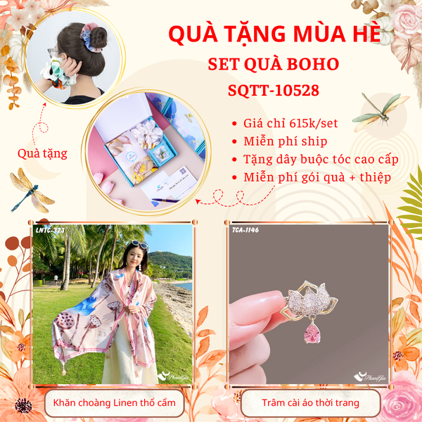 Quà Tặng Mùa Hè - Set Quà Tặng Khăn Choàng Linen Thổ Cẩm Và Ghim Cài Áo Phong Cách Boho (SQTT10528)