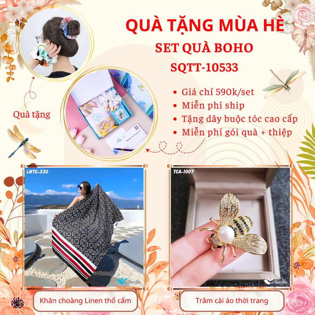 Quà Tặng Mùa Hè - Set Quà Tặng Khăn Choàng Linen Thổ Cẩm Và Ghim Cài Áo Phong Cách Boho (SQTT10533)