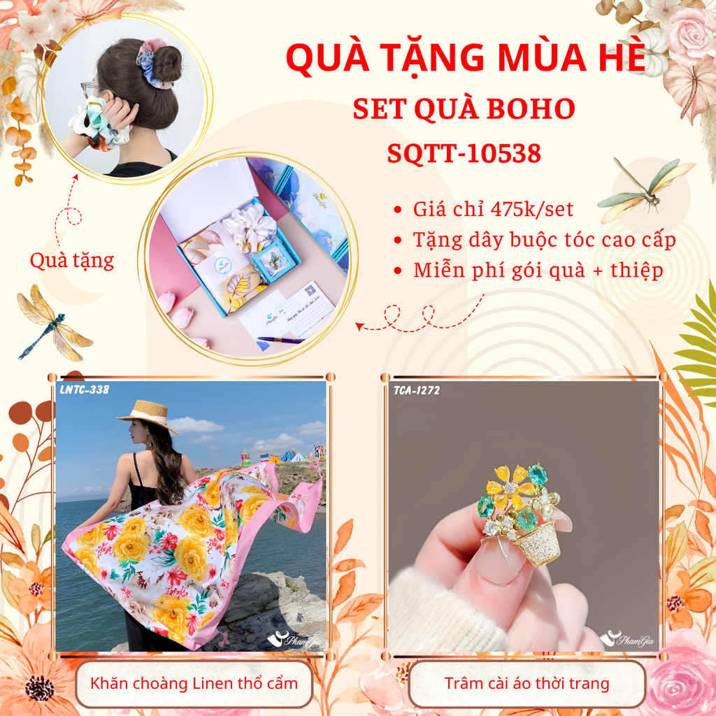 Quà Tặng Mùa Hè - Set Quà Tặng Khăn Choàng Linen Thổ Cẩm Và Ghim Cài Áo Phong Cách Boho (SQTT10538)