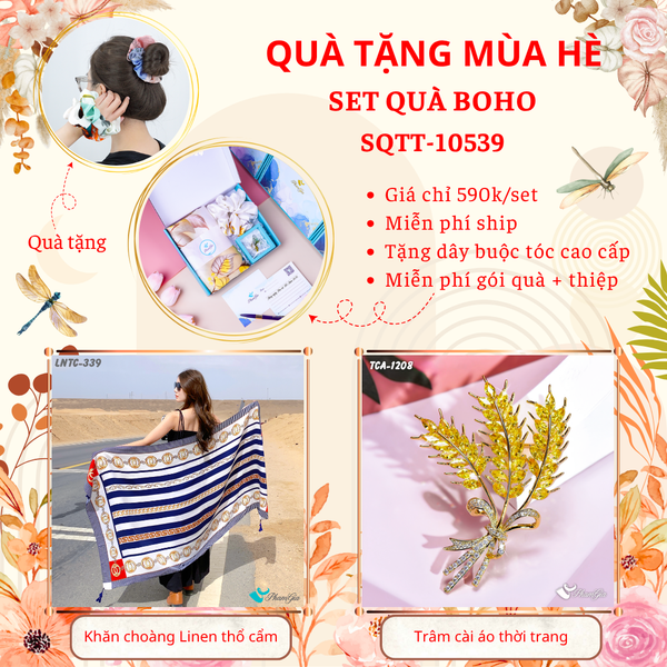 Quà Tặng Mùa Hè - Set Quà Tặng Khăn Choàng Linen Thổ Cẩm Và Ghim Cài Áo Phong Cách Boho (SQTT10539)