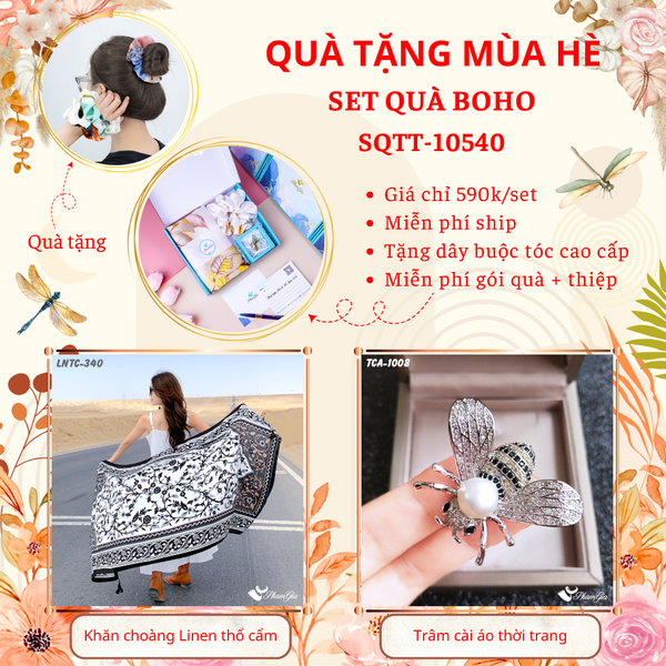 Quà Tặng Mùa Hè - Set Quà Tặng Khăn Choàng Linen Thổ Cẩm Và Ghim Cài Áo Phong Cách Boho (SQTT10540)