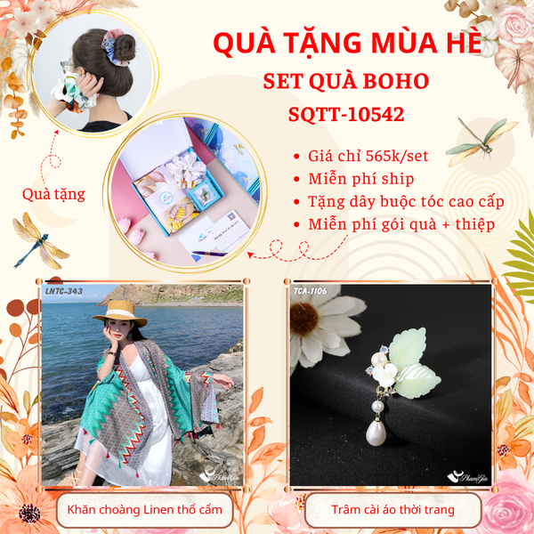 Quà Tặng Mùa Hè - Set Quà Tặng Khăn Choàng Linen Thổ Cẩm Và Ghim Cài Áo Phong Cách Boho (SQTT10542)