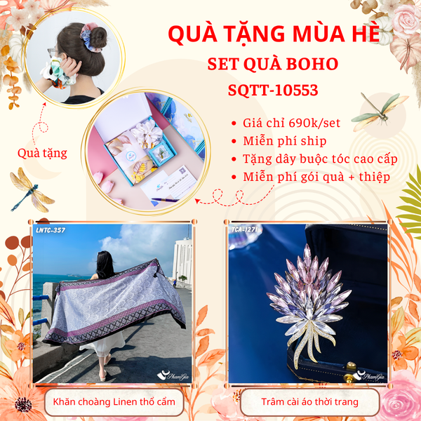 Quà Tặng Mùa Hè - Set Quà Tặng Khăn Choàng Linen Thổ Cẩm Và Ghim Cài Áo Phong Cách Boho (SQTT10553)