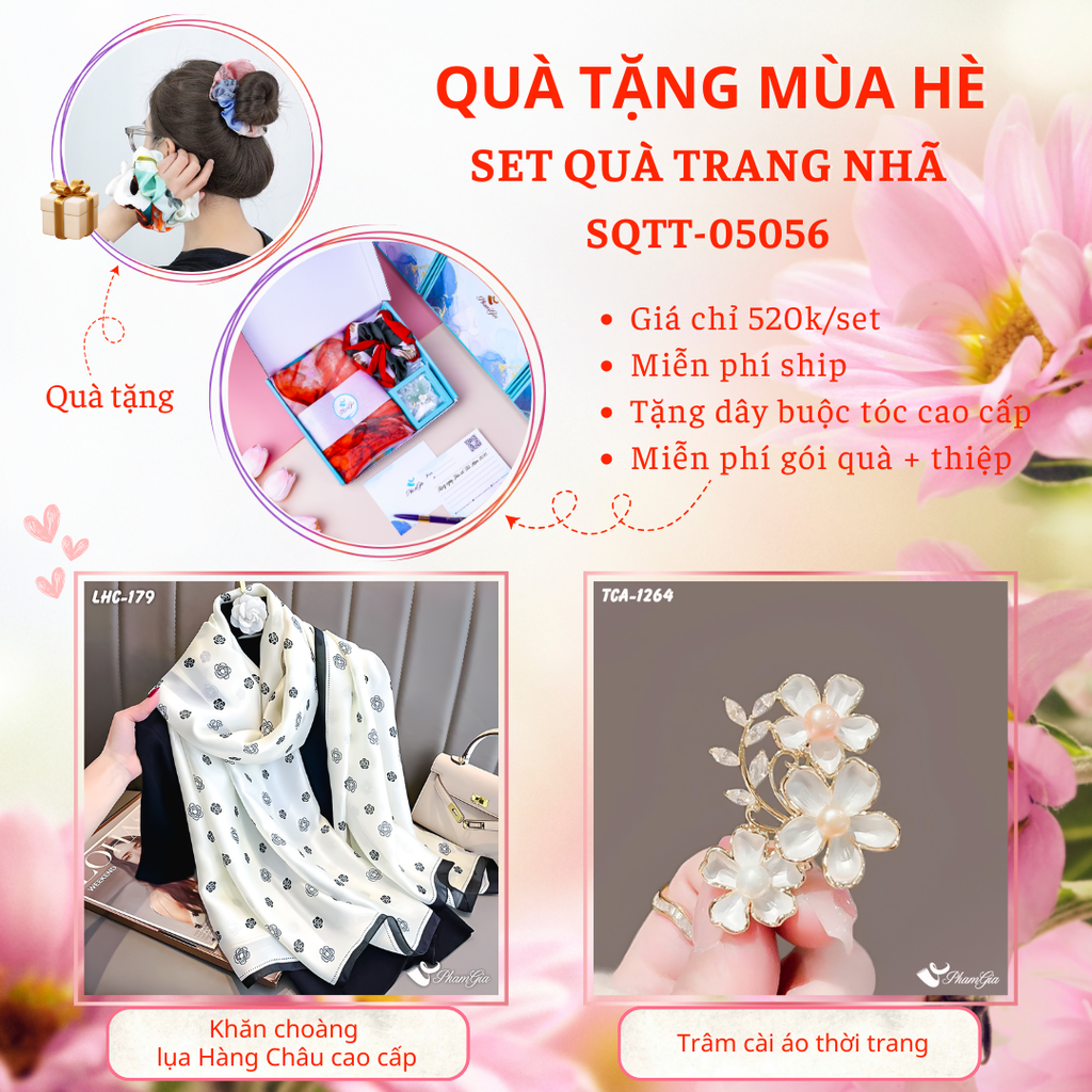 Set Quà Tặng Khăn Choàng Lụa Hoa Trà Và Ghim Cài Áo Cành Hoa Mai Cao Cấp