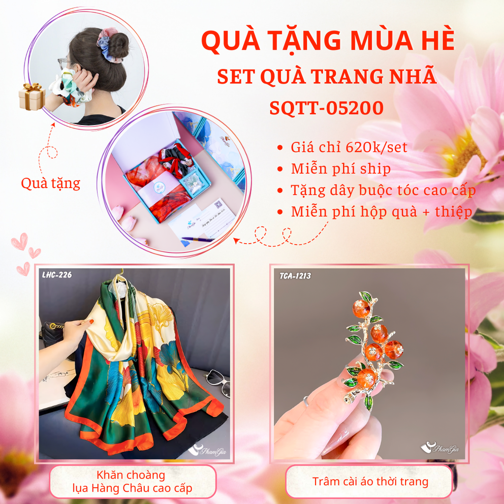 Set Quà Tặng Khăn Choàng Lụa Lá Rẻ Quạt Và Ghim Cài Áo Nhành Lựu Cao Cấp