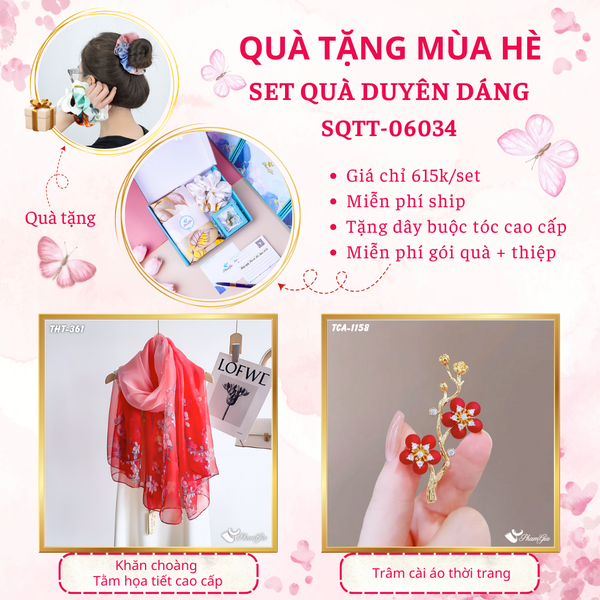 Quà Tặng Mùa Hè - Set Quà Tặng Khăn Choàng Tằm Họa Tiết Và Ghim Cài Áo Duyên Dáng (SQTT06034)