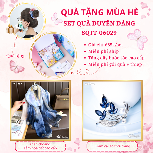 Quà Tặng Mùa Hè - Set Quà Tặng Khăn Choàng Tằm Họa Tiết Và Ghim Cài Áo Duyên Dáng (SQTT06029)