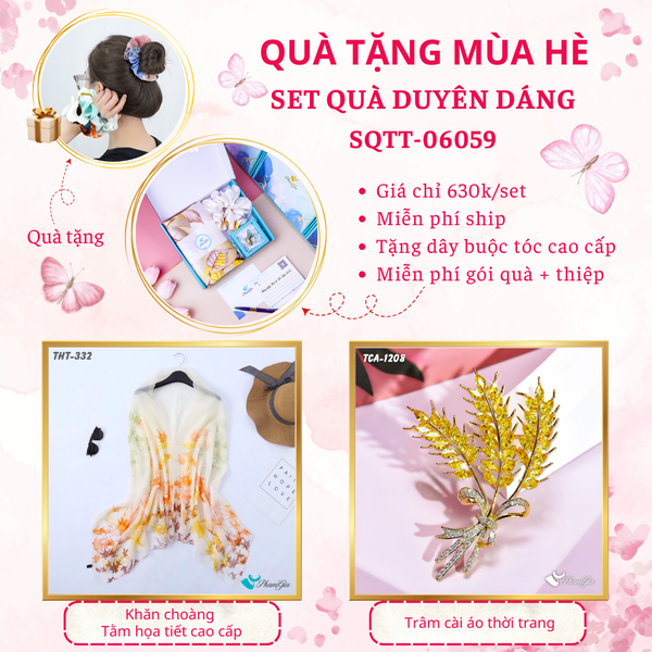 Quà Tặng Mùa Hè - Set Quà Tặng Khăn Choàng Tằm Họa Tiết Và Ghim Cài Áo Duyên Dáng (SQTT06059)