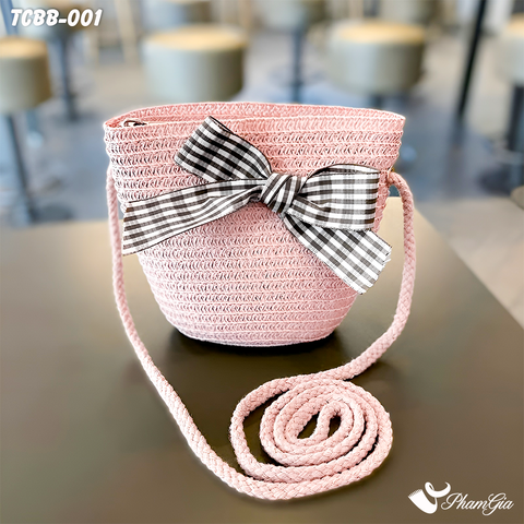 Túi Cói Baby Màu Hồng Đính Nơ Caro (TCBB001)