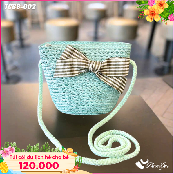 Túi Cói Baby Màu Xanh Đính Nơ Caro (TCBB002)