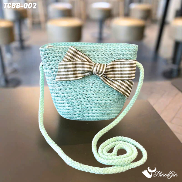 Túi Cói Baby Màu Xanh Đính Nơ Caro (TCBB002)