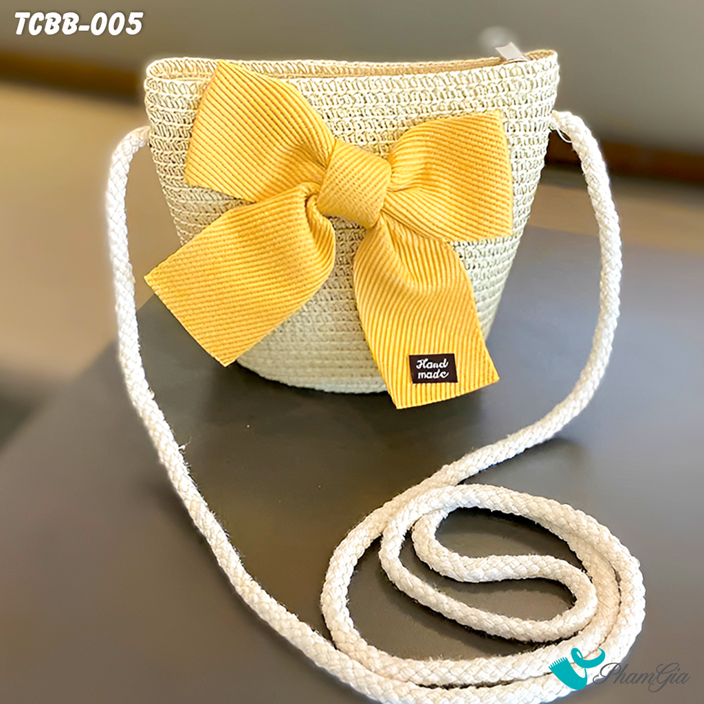 Túi Cói Baby Đính Nơ Vàng Màu Beige (TCBB005)