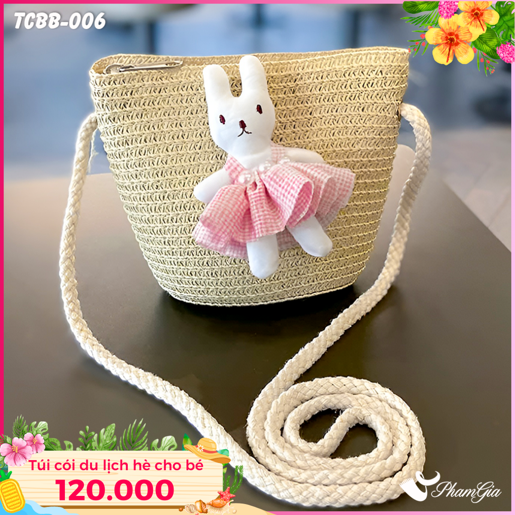 Túi Cói Baby Đính Thỏ Hồng Màu Beige (TCBB006)