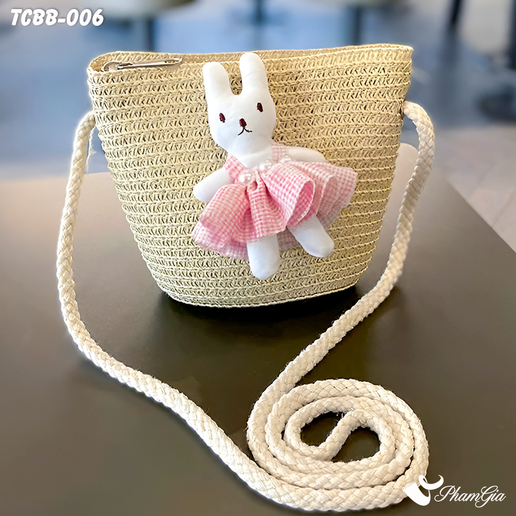 Túi Cói Baby Đính Thỏ Hồng Màu Beige (TCBB006)