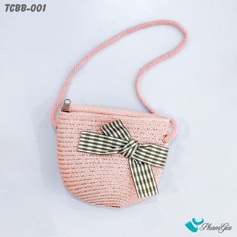 Túi Cói Baby Màu Hồng Đính Nơ Caro (TCBB001)