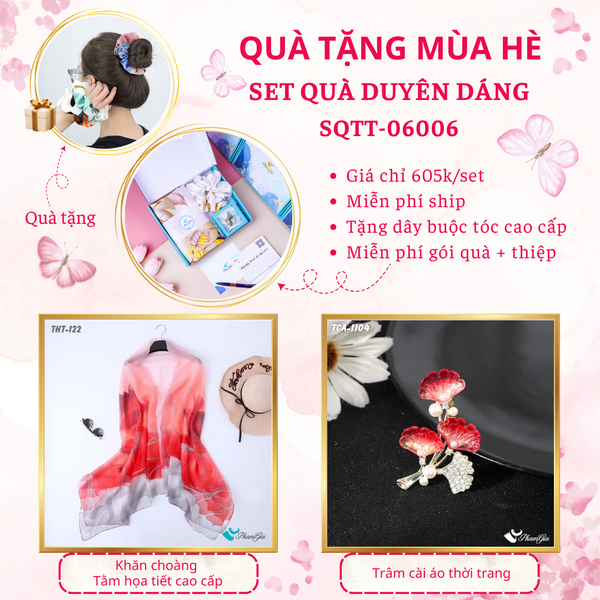 Quà Tặng Mùa Hè - Set Quà Tặng Khăn Choàng Tằm Họa Tiết Và Ghim Cài Áo Duyên Dáng (SQTT06006)