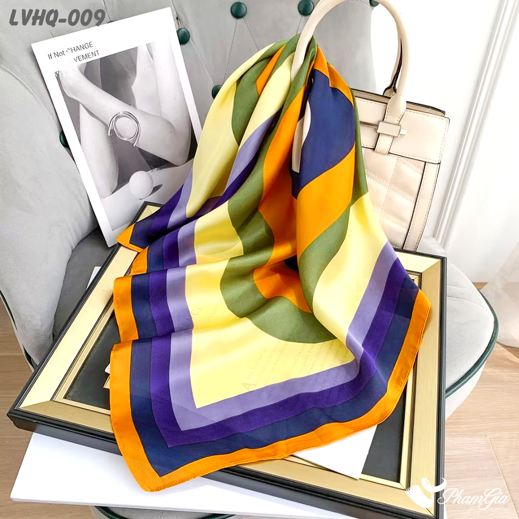 Góc Thẳng Khăn Lụa Vuông 70*70cm Phong Cách Hàn Quốc Họa Tiết Lập Thể Màu Vàng - Xanh