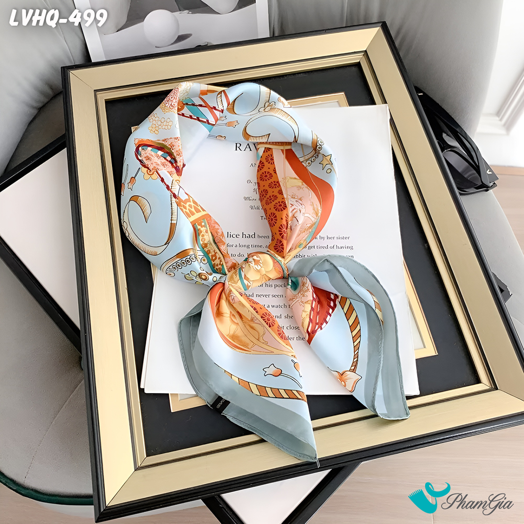 Góc Tổng Thể Khăn Lụa Vuông 70*70cm Phong Cách Hàn Quốc Họa Tiết Vintage Màu Xanh Baby