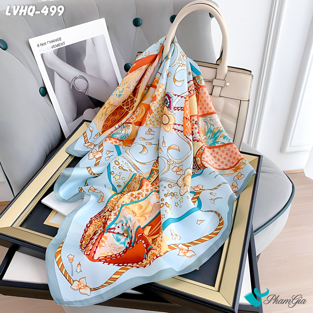 Cận Chất Khăn Lụa Vuông 70*70cm Phong Cách Hàn Quốc Họa Tiết Vintage Màu Xanh Baby