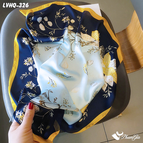 Cận Chất Khăn Lụa Vuông 70*70cm Phong Cách Hàn Quốc Họa Tiết Hoa Lá Màu Xanh Viền Vàng