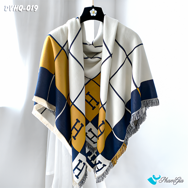 Khăn Choàng Dạ Cashmere Vuông Phong Cách Hàn Quốc Cao Cấp Họa Tiết Caro Phối Màu Xanh Navy - Vàng (DVHQ019)