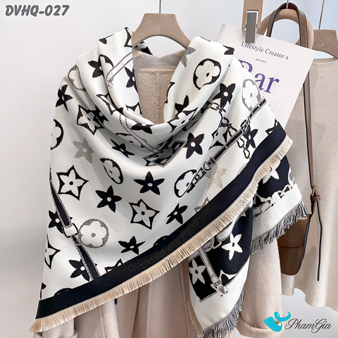 Góc Thẳng Khăn Choàng Dạ Cashmere Vuông Phong Cách Hàn Quốc Cao Cấp Họa Tiết Retro Phối Màu Đen - Trắng