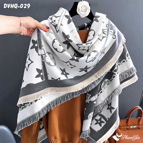 Góc Nghiêng Khăn Choàng Dạ Cashmere Vuông Phong Cách Hàn Quốc Cao Cấp Họa Tiết Retro Phối Màu Ghi - Trắng