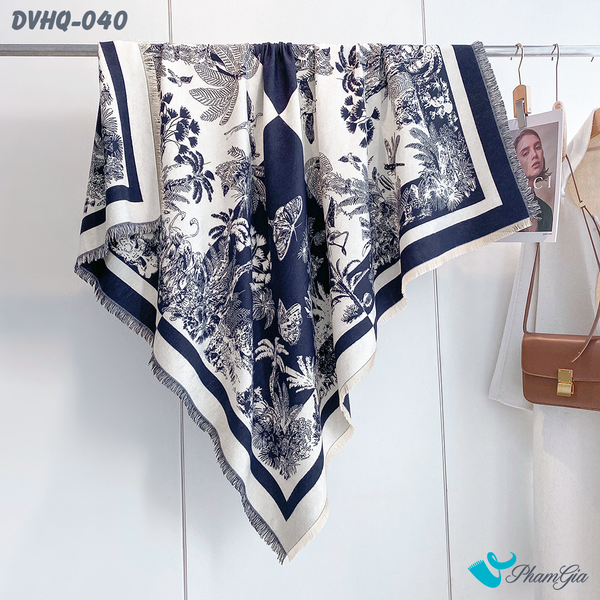 Khăn Choàng Dạ Cashmere Vuông Phong Cách Hàn Quốc Cao Cấp Họa Tiết Vườn Nhiệt Đới Màu Xanh Navy (DVHQ040)