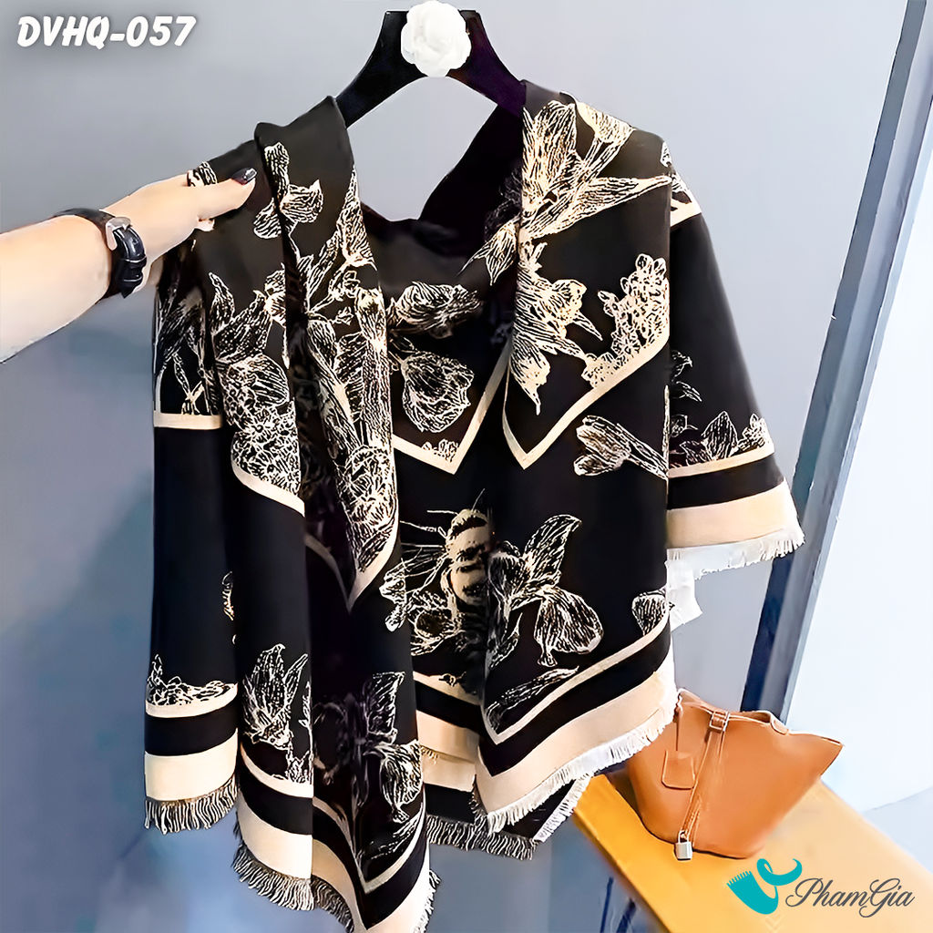 Khăn Choàng Dạ Cashmere Vuông Phong Cách Hàn Quốc Cao Cấp Họa Tiết Hoa Diên Vĩ Màu Đen Bạc Xỉu