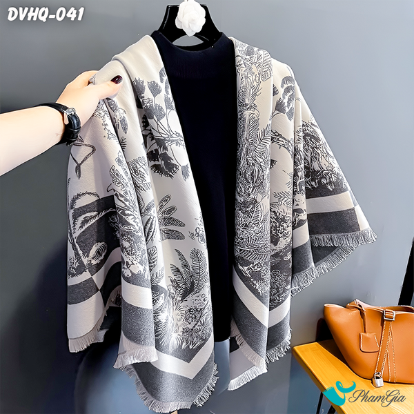 Khăn Choàng Dạ Cashmere Vuông Phong Cách Hàn Quốc Cao Cấp Họa Tiết Vườn Nhiệt Đới Màu Xám Khói (DVHQ041)