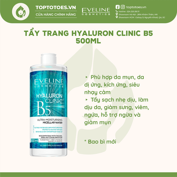 Nước tẩy trang Eveline Hyaluron Clinic B5 Puridetox 500ml