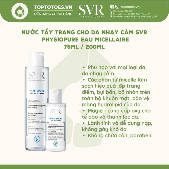 Nước tẩy trang cho da nhạy cảm SVR Physiopure Eau Micellaire 75ml/ 200ml