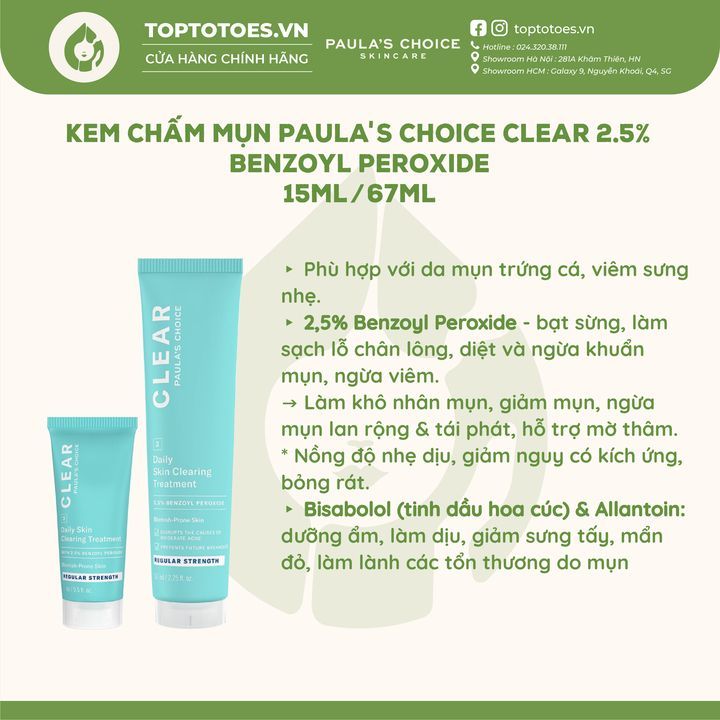 Kem chấm mụn Paula's Choice Clear Regular Strength Daily Skin Clearing Treatment 2,5% Benzoyl Peroxide