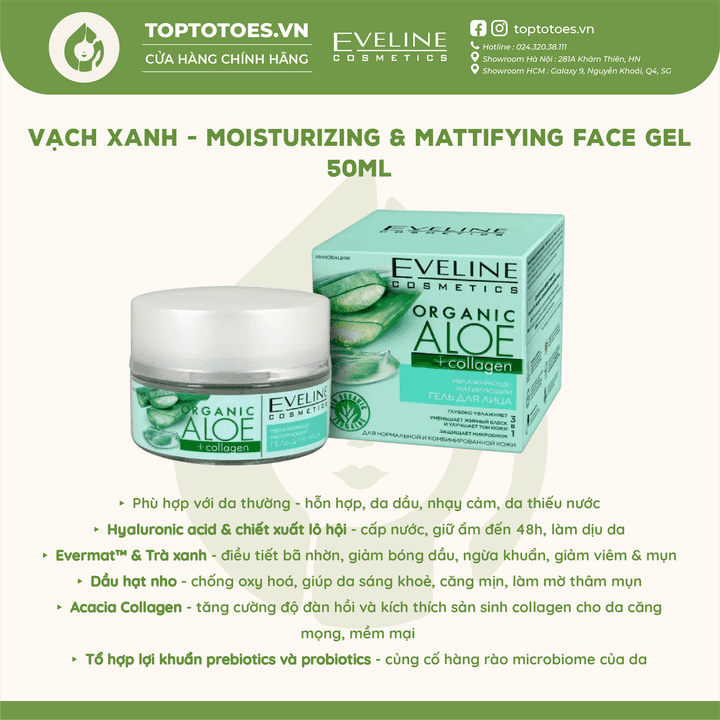Kem dưỡng Eveline Organic Aloe + Collagen 3in1 50ml
