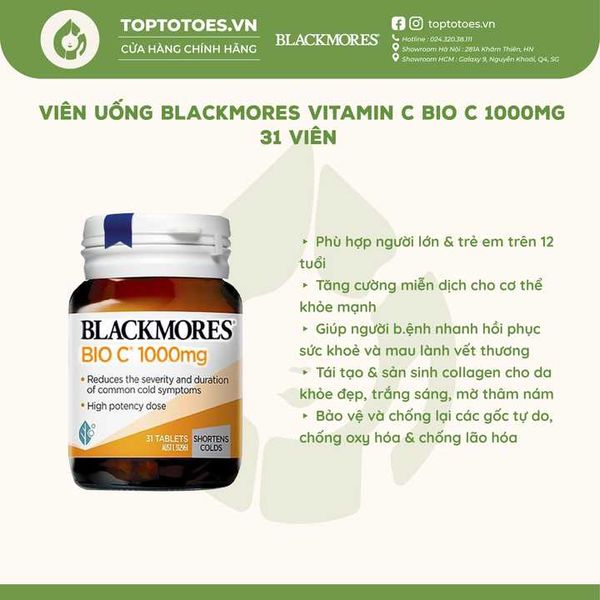 Viên uống Blackmores Vitamin C Bio C 1000mg tăng cường miễn dịch, làm đẹp da, chống oxy hóa - 31 viên