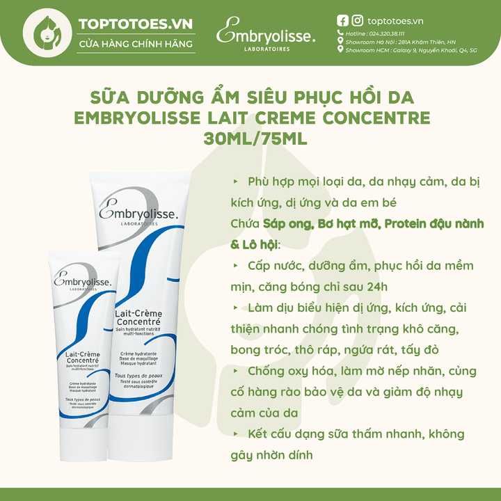 Sữa Dưỡng Ẩm Siêu Phục Hồi Da Embryolisse Lait Creme Concentre 30ml/75ml