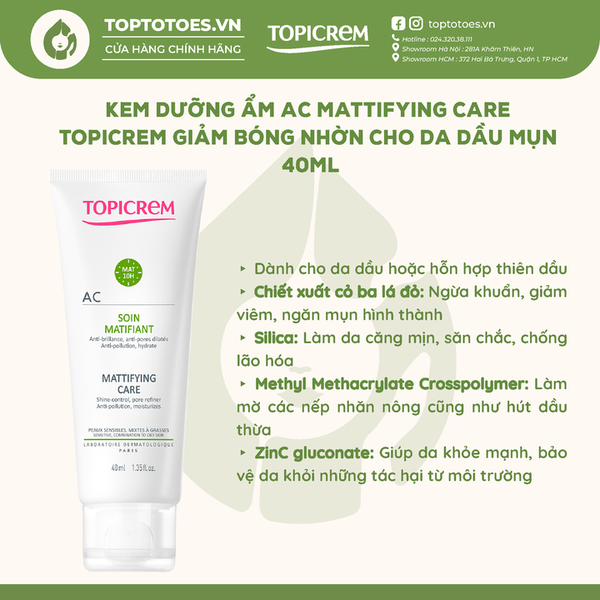 Kem dưỡng ẩm AC Mattifying care Topicrem cho da dầu mụn 40ml