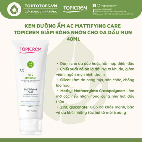Kem dưỡng ẩm AC Mattifying care Topicrem cho da dầu mụn 40ml
